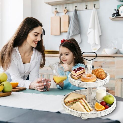 حامل صينية خشبية مستديرة بطبقتين، صينية تقديم متدرجة لمزرعة ريفية لديكور المنزل والمطبخ وبار القهوة، حامل عرض من الخشب الأبيض العتيق للحلويات والكعك والمزيد (أبيض) in Kuwait