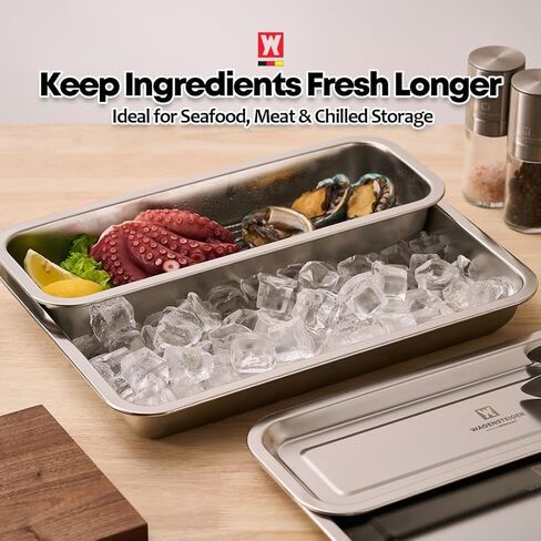 صينية تحضير وتخزين من الفولاذ المقاوم للصدأ - صينية تنظيم مطبخ عميقة بغطاء - مقلاة طعام SUS304 لإعداد الوجبات والتقديم والتنقيع والتجميد والخبز وتنظيم الأدراج - متينة وصحية in Kuwait