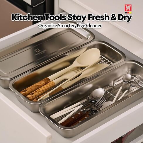 صينية تحضير وتخزين من الفولاذ المقاوم للصدأ - صينية تنظيم مطبخ عميقة بغطاء - مقلاة طعام SUS304 لإعداد الوجبات والتقديم والتنقيع والتجميد والخبز وتنظيم الأدراج - متينة وصحية in Kuwait