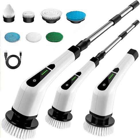 فرشاة تنظيف كهربائية 7 في 1 مع مقبض طويل قابل للتمديد، فرشاة تنظيف لاسلكية مع 7 رؤوس فرشاة قابلة للاستبدال لبلاط الأرضيات والحمام وحوض الاستحمام والزجاج والسيارة in Kuwait