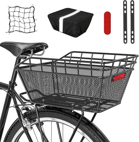 Large Bicycle Basket - Rear Bike Basket with Cargo Net and 2-in-1 Waterproof Cover, Wire Bike Baskets, Large Capacity for Adult Bikes,Electric Bike,Carrying Grocery,Ball,Dog in Kuwait