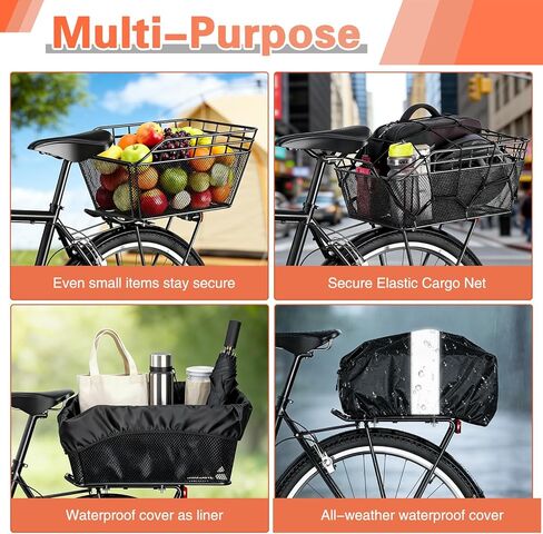 Large Bicycle Basket - Rear Bike Basket with Cargo Net and 2-in-1 Waterproof Cover, Wire Bike Baskets, Large Capacity for Adult Bikes,Electric Bike,Carrying Grocery,Ball,Dog in Kuwait