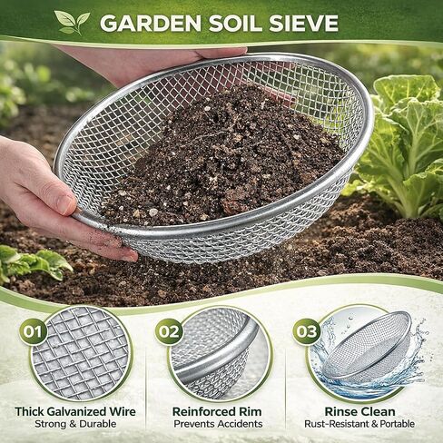 مجموعة من 3 قطع من منخل التربة لدلو سعة 5 جالون، شاشات منخل السماد من الفولاذ المجلفن شديد التحمل، 3 أحجام شبكية 1/8 بوصة 1/4 بوصة 3/8 بوصة (3 مم/6 مم/10 مم) للأوساخ والصخور والحصى ومسبوكات الدودة وأداة سماد الحديقة in Kuwait