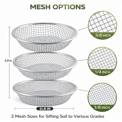 مجموعة من 3 قطع من منخل التربة لدلو سعة 5 جالون، شاشات منخل السماد من الفولاذ المجلفن شديد التحمل، 3 أحجام شبكية 1/8 بوصة 1/4 بوصة 3/8 بوصة (3 مم/6 مم/10 مم) للأوساخ والصخور والحصى ومسبوكات الدودة وأداة سماد الحديقة in Kuwait
