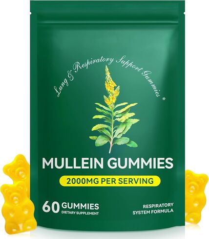 Mullein Gummies لتنظيف الرئة 60 عدد - 2000 ملغ مستخلص أوراق Mullein مع الكلوروفيل - مكملات عشبية طبيعية لتنظيف الرئة ، الدعم التنفسي ، يعزز المناعة ، العافية الهضمية in Kuwait