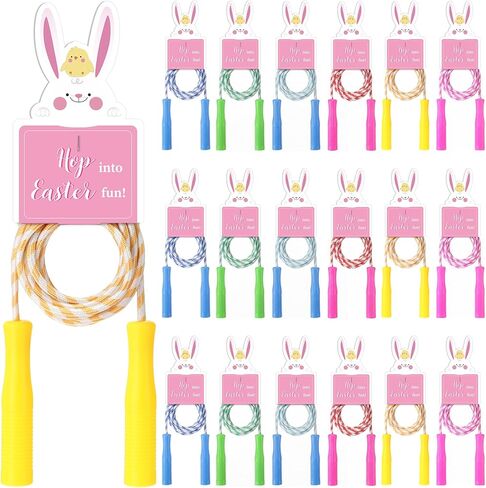 24 مجموعة من حشو سلة عيد الفصح، حبال القفز مع بطاقات هدايا الأرنب، هدايا حفلات عيد الفصح، حبال القفز المصنوعة من النايلون المتين الملون لهدايا الحفلات، مكافآت لعبة صيد البيض، لعب الربيع في الهواء الطلق in Kuwait