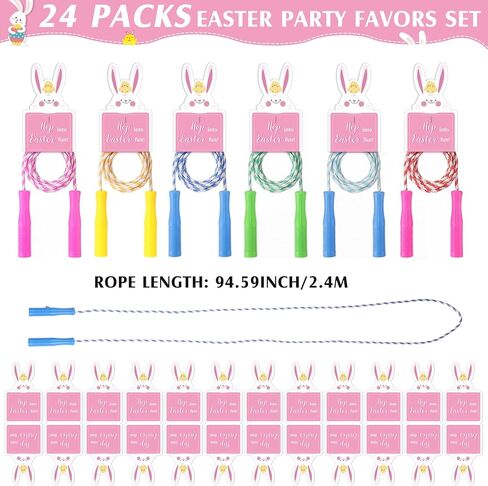 24 مجموعة من حشو سلة عيد الفصح، حبال القفز مع بطاقات هدايا الأرنب، هدايا حفلات عيد الفصح، حبال القفز المصنوعة من النايلون المتين الملون لهدايا الحفلات، مكافآت لعبة صيد البيض، لعب الربيع في الهواء الطلق in Kuwait