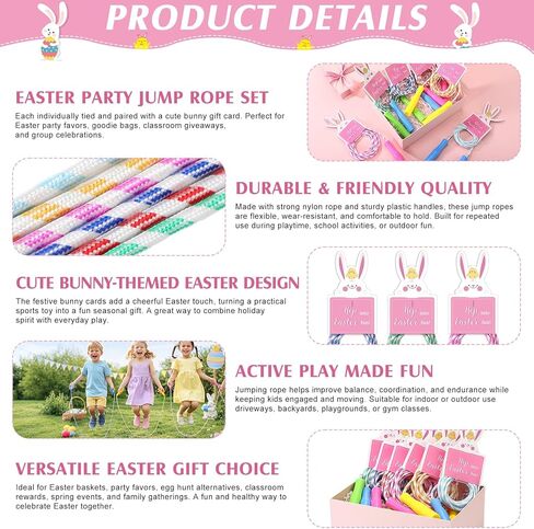 24 مجموعة من حشو سلة عيد الفصح، حبال القفز مع بطاقات هدايا الأرنب، هدايا حفلات عيد الفصح، حبال القفز المصنوعة من النايلون المتين الملون لهدايا الحفلات، مكافآت لعبة صيد البيض، لعب الربيع في الهواء الطلق in Kuwait