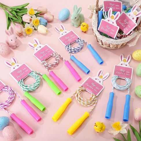 24 مجموعة من حشو سلة عيد الفصح، حبال القفز مع بطاقات هدايا الأرنب، هدايا حفلات عيد الفصح، حبال القفز المصنوعة من النايلون المتين الملون لهدايا الحفلات، مكافآت لعبة صيد البيض، لعب الربيع في الهواء الطلق in Kuwait
