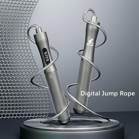 حبل القفز مع عداد، مقبض من سبائك الألومنيوم باللون الرمادي مع كابل PVC، طول 118 بوصة، شحن سريع، تصميم مريح، لتدريب القلب in Kuwait