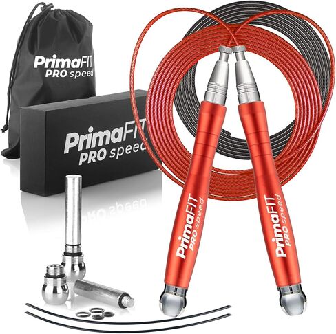 حبل القفز من PrimaFIT، حبل القفز السريع الاحترافي، حبل القفز للكبار قابل للتعديل، مقابض ألومنيوم مرجحة لتمارين الملاكمة الهولندية المزدوجة، تمرين كروس فيت، اللياقة البدنية، كابل احتياطي، واقيات الأوزان، حقيبة حمل in Kuwait