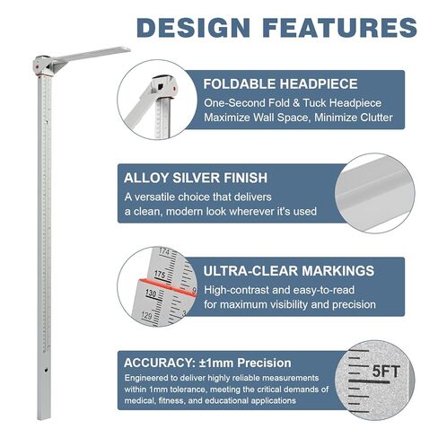 قياس الارتفاع للجدار، أدوات قياس الارتفاع من الألومنيوم المثبتة على الحائط للبالغين والأطفال 24-78 بوصة/60-200 سم، عصا قياس تلسكوبية بمقياس مزدوج للعيادة والمكتب والمنزل in Kuwait