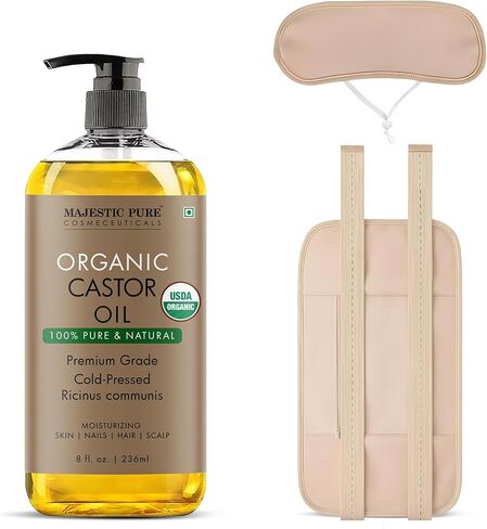 Majestic Pure Organic Castor Oil 8 Fl Oz with Reusable Wraps – Complete Castor Oil Pack Kit for Stomach & Neck – Adjustable, Organic Cotton Compress for Mess-Free Application in Kuwait