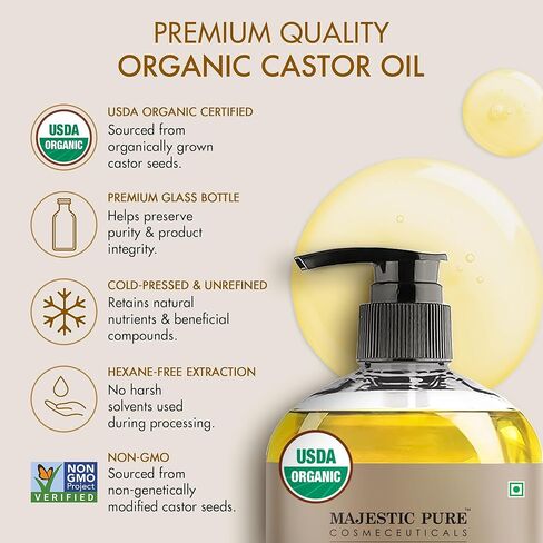 Majestic Pure Organic Castor Oil 8 Fl Oz with Reusable Wraps – Complete Castor Oil Pack Kit for Stomach & Neck – Adjustable, Organic Cotton Compress for Mess-Free Application in Kuwait