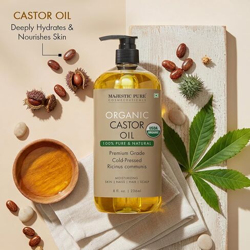 Majestic Pure Organic Castor Oil 8 Fl Oz with Reusable Wraps – Complete Castor Oil Pack Kit for Stomach & Neck – Adjustable, Organic Cotton Compress for Mess-Free Application in Kuwait