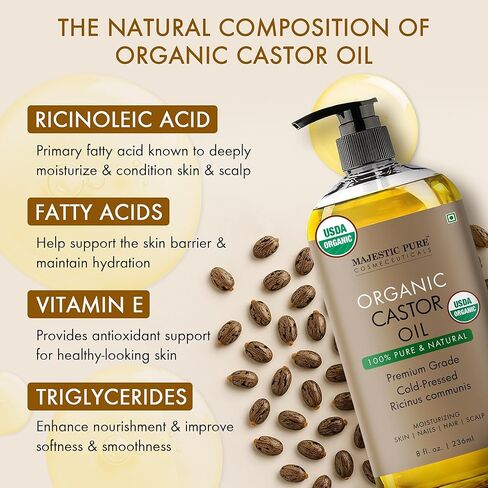 Majestic Pure Organic Castor Oil 8 Fl Oz with Reusable Wraps – Complete Castor Oil Pack Kit for Stomach & Neck – Adjustable, Organic Cotton Compress for Mess-Free Application in Kuwait