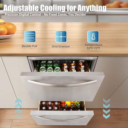 ثلاجة HCK مقاس 24 بوصة تحت المنضدة ذات درج مزدوج، ثلاجة مشروبات خارجية من الفولاذ المقاوم للصدأ للفناء، ثلاجة مشروبات مدمجة للاستخدام المنزلي والتجاري in Kuwait