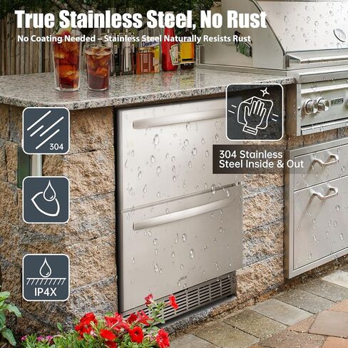 ثلاجة HCK مقاس 24 بوصة تحت المنضدة ذات درج مزدوج، ثلاجة مشروبات خارجية من الفولاذ المقاوم للصدأ للفناء، ثلاجة مشروبات مدمجة للاستخدام المنزلي والتجاري in Kuwait