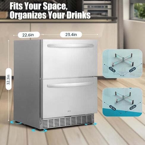 ثلاجة HCK مقاس 24 بوصة تحت المنضدة ذات درج مزدوج، ثلاجة مشروبات خارجية من الفولاذ المقاوم للصدأ للفناء، ثلاجة مشروبات مدمجة للاستخدام المنزلي والتجاري in Kuwait