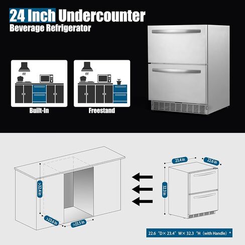 ثلاجة HCK مقاس 24 بوصة تحت المنضدة ذات درج مزدوج، ثلاجة مشروبات خارجية من الفولاذ المقاوم للصدأ للفناء، ثلاجة مشروبات مدمجة للاستخدام المنزلي والتجاري in Kuwait