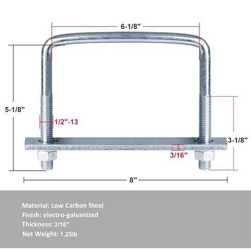 4 Pcs 6 Inch Wide Square U-Bolt for Trailer, 1/2" x 6-1/8" x 5-1/8", Electro-Galvanized Steel in Saudi Arabia