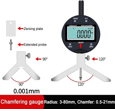 Digital Chamfer Gage, Electronic Radius Radian Indicator Ruler, with 2 Pcs Measuring Jaw(90/120° Angles), Range Radius: 3-80mm, Chamfer: 0.5-21mm; Accuracy: 0.001mm in Saudi Arabia