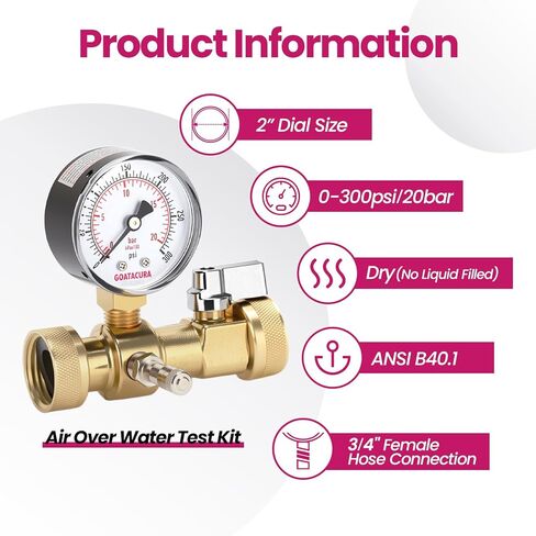 0-300psi Air Over Water Test Kit, 2" Dial Size, 1/4" NPT Lower Mount, with 3/4" Female Hose Tee Connection for Leak Detection and Pressure Testing,3-2-3% Accuracy in Kuwait