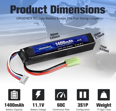 بطارية URGENEX Airsoft 11.1V 1400mAh 60C حزمة ليبو ذات معدل تفريغ عالي مع قابس تاميا صغير بطارية ليبو 3S قابلة لإعادة الشحن لبنادق طراز Airsoft in Saudi Arabia