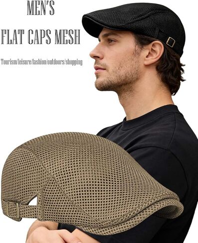 Men's Flat Caps Mesh,2 Pcs Adjustable Breathable Newsboy Beret Ivy Irish Hunting Cabbie Hat for Outdoor Activities in Kuwait