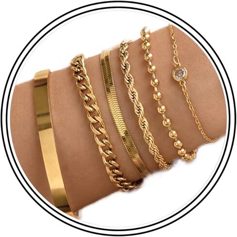 Gold Bracelets for Women Dainty Non Tarnish Link Chain Bracelets Set for Women Trendy Adjustable Chunky Thin Bracelets Stack Layered With Cuff Beaded Cuban Rope CZ Heart Cross Jewelry Gifts in Kuwait
