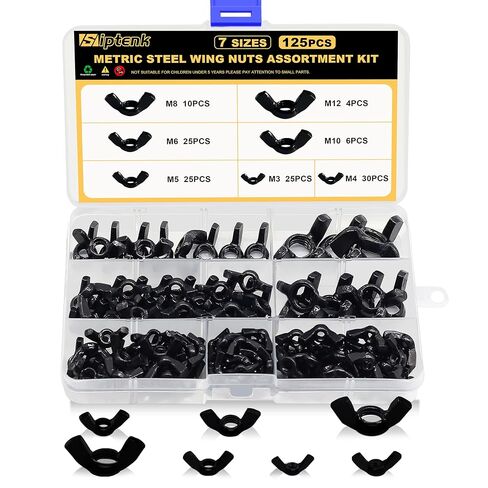 Siptenk 50PCS Black SAE Wing Nuts, 1/4"-20 3/8"-16 5/16"-18 Wingnuts 3 Assorted Sizes Carbon Steel Zinc Plated Butterfly Wing Nut Fasteners Hardware Assortment Kit in Kuwait