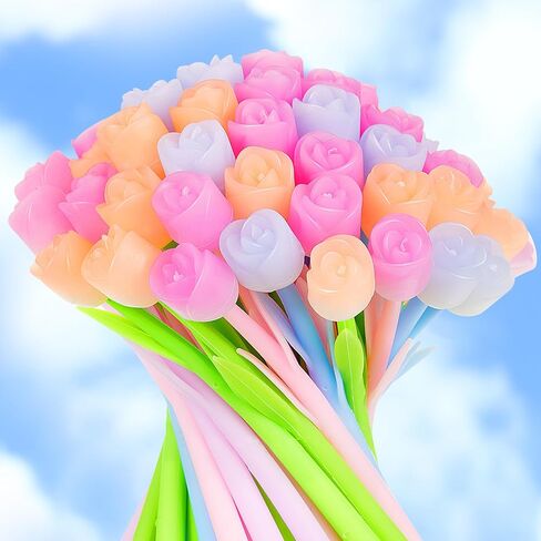 Teling 100 Pieces Color Changing Tulip Flower Pens Bulk Ballpoint Pens Creative Gel Ink Rollerball for School Home Office Kids Girls Gifts Black 0.5mm(Multi Colors,Tulip) in Kuwait