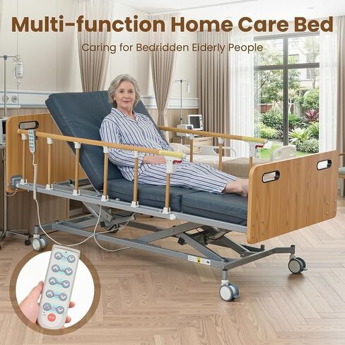 سرير مستشفى كهربائي كامل من Careboda للاستخدام المنزلي - 5 وظائف قابلة للتعديل مع محرك ألماني، مرتبة إسفنجية من البولي يوريثان مقاس 4 بوصات، قضبان أمان قابلة للطي، جهاز تحكم عن بعد، طاولة فوق السرير، ارتفاع 9.4 بوصة - 28.5 بوصة، يصل إلى 530 رطلاً in Kuwait