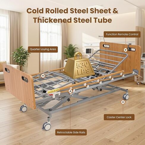 سرير مستشفى كهربائي كامل من Careboda للاستخدام المنزلي - 5 وظائف قابلة للتعديل مع محرك ألماني، مرتبة إسفنجية من البولي يوريثان مقاس 4 بوصات، قضبان أمان قابلة للطي، جهاز تحكم عن بعد، طاولة فوق السرير، ارتفاع 9.4 بوصة - 28.5 بوصة، يصل إلى 530 رطلاً in Kuwait