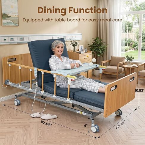 سرير مستشفى كهربائي كامل من Careboda للاستخدام المنزلي - 5 وظائف قابلة للتعديل مع محرك ألماني، مرتبة إسفنجية من البولي يوريثان مقاس 4 بوصات، قضبان أمان قابلة للطي، جهاز تحكم عن بعد، طاولة فوق السرير، ارتفاع 9.4 بوصة - 28.5 بوصة، يصل إلى 530 رطلاً in Kuwait