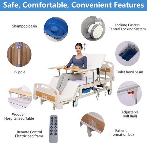 Premium 10 Function Full Electric Hospital Bed with Lateral Tilting for Home Use, Hospital ICU Bed with Fully Adjustable, Remote Control, Quiet Wheels, IV Pole, Dining Table Board, 550LBS Loading in Saudi Arabia