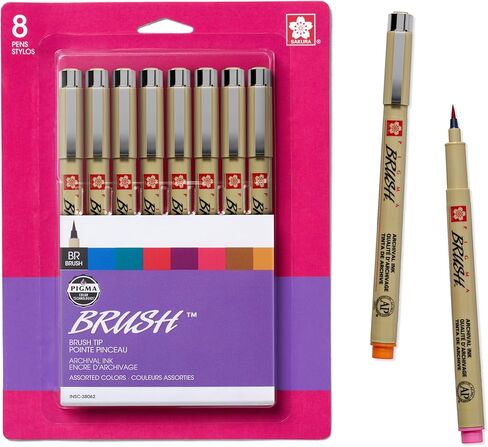 SAKURA Pigma Micron Brush Pens - Archival Black and Colored Ink Pens - Pens for Writing, Drawing, or Journaling - Black and Assorted Colored Ink - Brush Nibs - 8 Pack in Kuwait