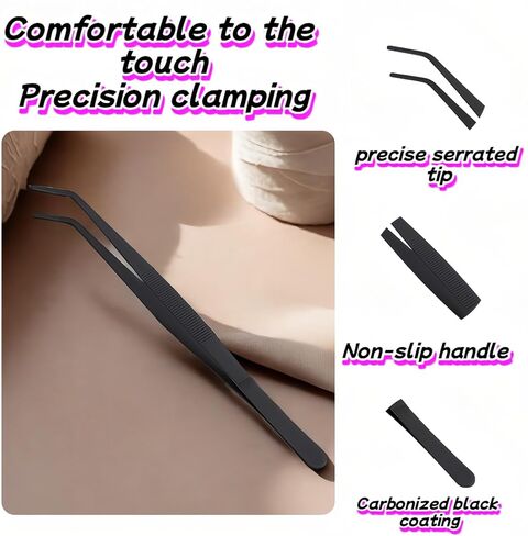 ملاقط احترافية لأحواض السمك، من الفولاذ المقاوم للصدأ المتفحم باللون الأسود، طرف مسنن، تصميم منحني لتغذية الزواحف، صيانة الخزان، ملقط تغذية الزواحف المضاد للانزلاق للنباتات المائية والسحالي والثعابين in Kuwait