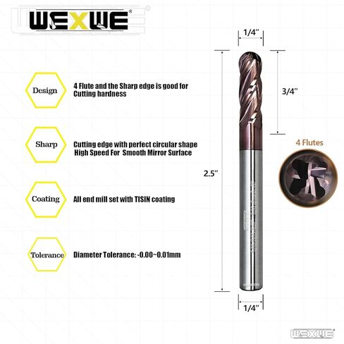 Tools Carbide Ball End Mill Bits, 4 Flutes TISIN Coating, Cutting for Alloy Steel, Hardened Steel Stainless Steel, 1/4" Shank,(1/4-2.5" 2pcs) in Kuwait