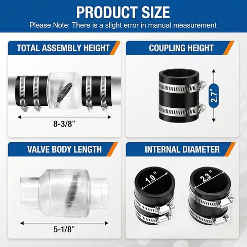 صمام فحص مضخة مستنقع صامت 1-1/2 بوصة، صمام فحص هادئ محمّل بنابض لمنع التدفق الخلفي، جسم شفاف مع مشابك من الفولاذ المقاوم للصدأ، يناسب أنبوب 1-1/2 بوصة in Kuwait