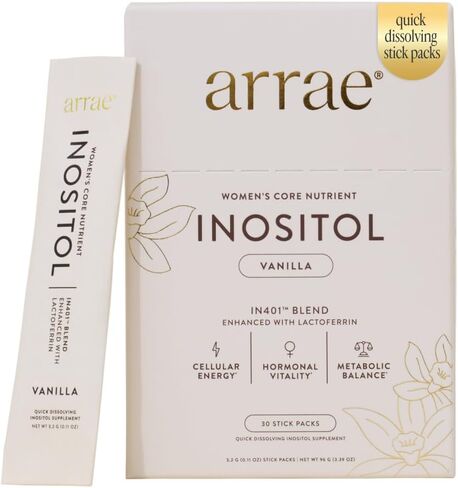 مكمل Arrae Inositol للنساء - يدعم التوازن الهرموني الصحي، والدورات المنتظمة، وصحة المبيض - 40:1 Myo & D-Chiro Raton مع اللاكتوفيرين والفولات - نكهة الفانيليا - 30 عبوة in Kuwait