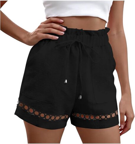 Women's Cotton Linen Shorts Drawstring Elastic Waist Hollow Out Summer Beachwear Boho Lightweight Short Pants in Saudi Arabia