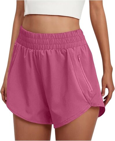 شورت رياضي للجري للسيدات عالي الخصر مع جيوب جانبية وسحاب خلفي وبطانة مدمجة للتمرين والجيم كاجوال in Kuwait