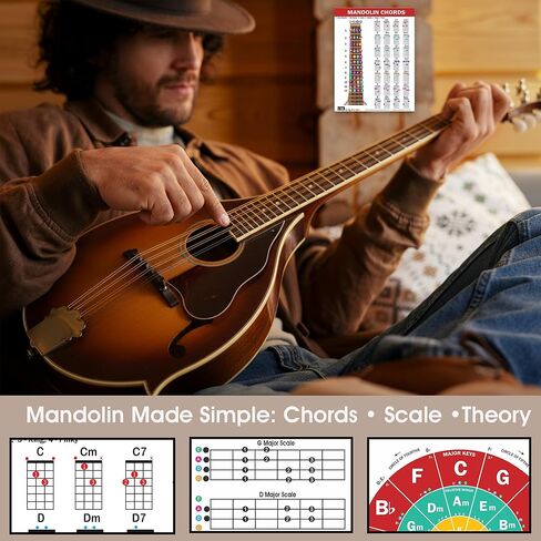 QMG Mandolin Chord & Scale Chart - الحبال الرئيسية والصغرى والسابعة والصغرى لجميع المفاتيح، 7 موازين المندولين الأساسية، دائرة الأخماس، مخطط مرجعي مصفح، 8.5 بوصة × 11 بوصة، صنع في الولايات المتحدة الأمريكية in Saudi Arabia