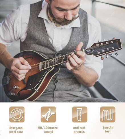 Mandolin Strings, Vaccum-Sealed Packing Extended Life, for Mandolin- 90/10 Bronze Wound, Coated, Loop End, Hex Carbon Steel Core, Medium Gauge, 11-40 in Kuwait