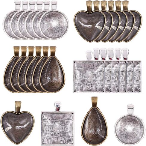BetterJonny 48pcs Bezel Pendant Trays, 4 Shapes Pendants Trays Set Including 24pcs Charms Bezel Blanks and 24pcs Glass Cabochons for DIY Jewelry Making(2 Colors) in Kuwait