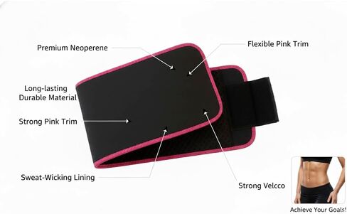 Macco Unisex Sauna Waist Trimmer Belt for Ab Training & Toning – Sweat Wrap for Stomach, Lower Back Support, Slimming Exercise Belt – Adjustable 42" x 8" (Black with Pink Trim) in Kuwait