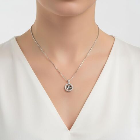 Jewelili Dancing Dog Paw Necklace Pendant in Sterling Silver Treated Black and Natural White Round Diamonds 18 inch Box Chain in Kuwait