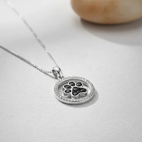 Jewelili Dancing Dog Paw Necklace Pendant in Sterling Silver Treated Black and Natural White Round Diamonds 18 inch Box Chain in Kuwait