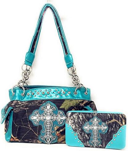 Premium Rhinestone Western Camouflage Cross Womens Shoulder Handbag Purse/Matching Wallet in 7 Colors in Kuwait